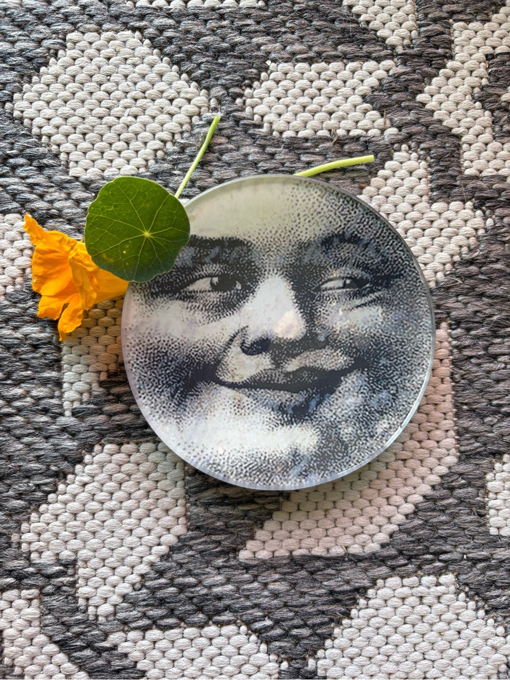 Man in the Moon Black and White Round Glass Art Plate with Face Motif
